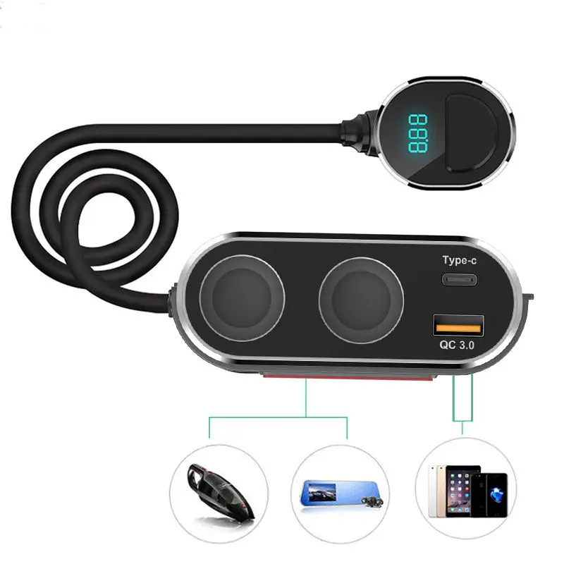 12V/24V 2-Socket 80W DC Power Car Cigarette Lighter Socket Panel Splitter with QC 3.0 Fast Charge