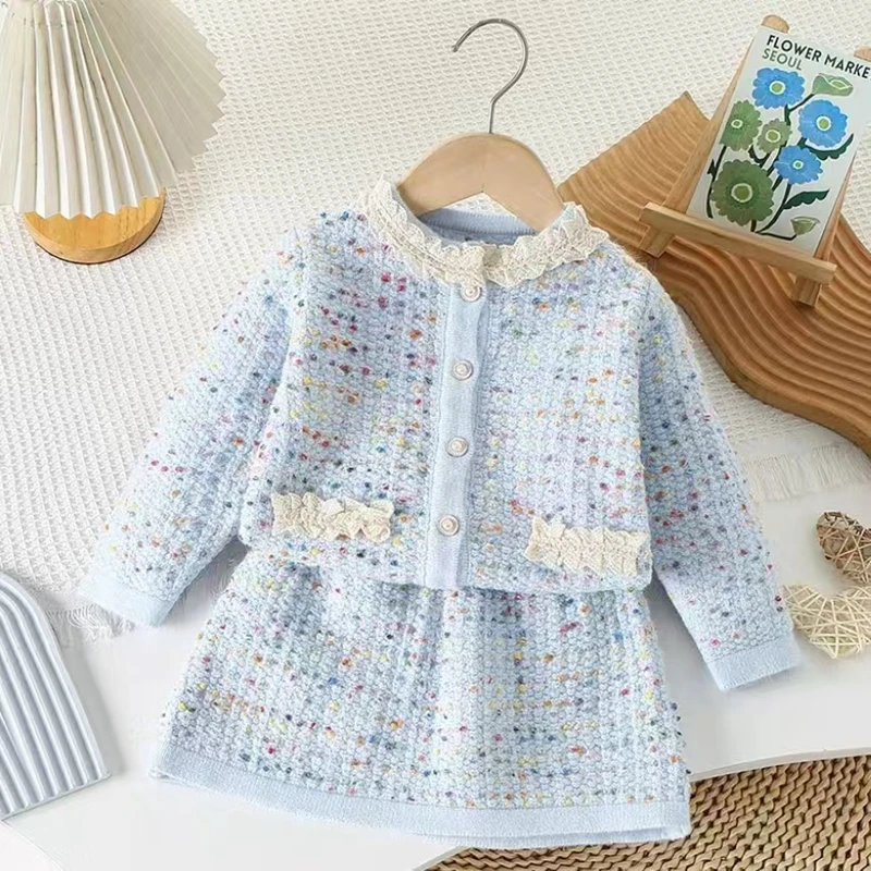 Girls Knitted Colorful Set 2024 Kids Sweater Jacket Knitted Short Dress 2 Piece Set