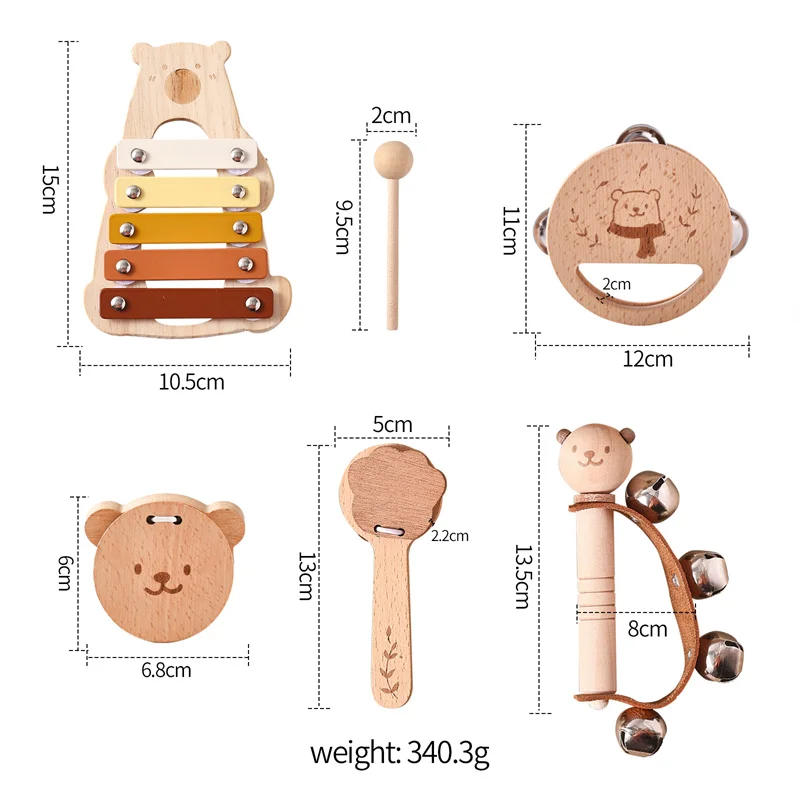 Set of 5 Bear Music Instruments Wood Percussion Piano Combination Educational Toy for 2 to 4 Years