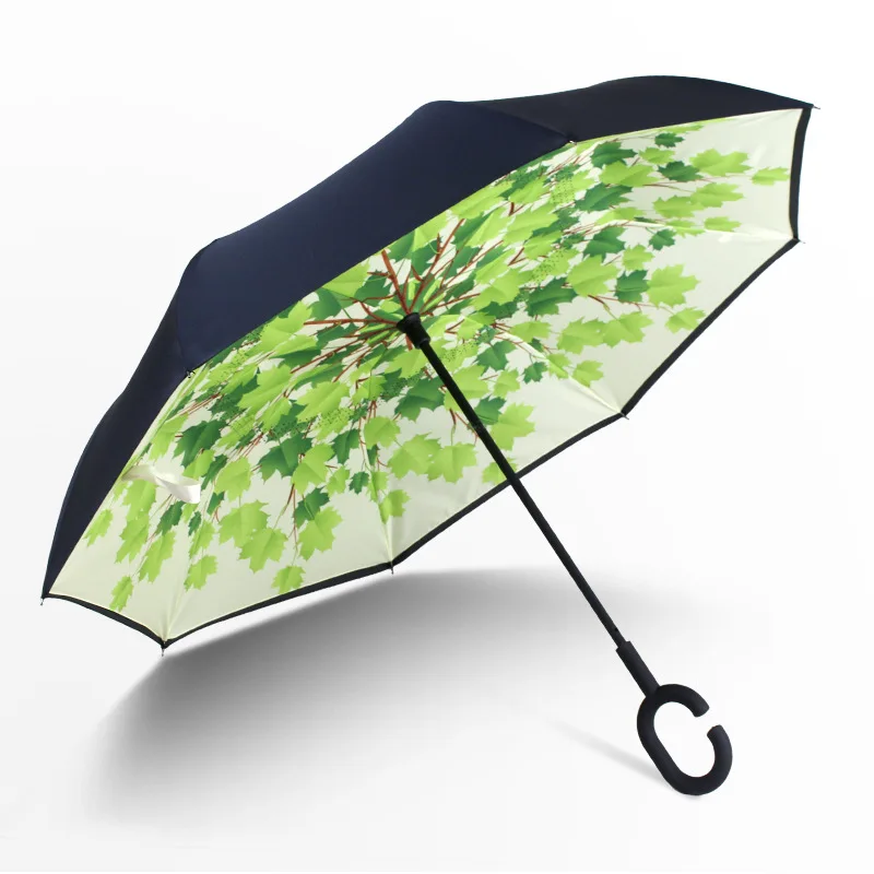 Wholesale black plastic ergonomic C shape handle double canopy inverted reverse umbrella with Navy and White Stripes Pattern