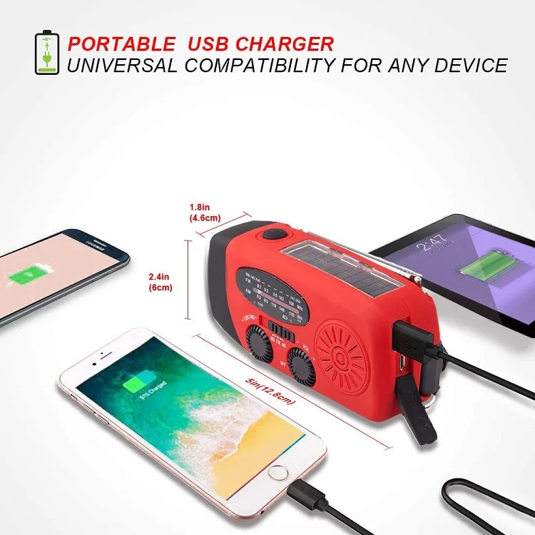 Portable 2000mAh Rechargeable Batteries Emergency Hand Crank Self Powered AM/FM NOAA Solar Weather Radio with LED Flashlight