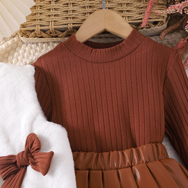 Girls casual clothing sets autumn and winter new long sleeve + sweater vest + PU leather skirt girls three-piece suit