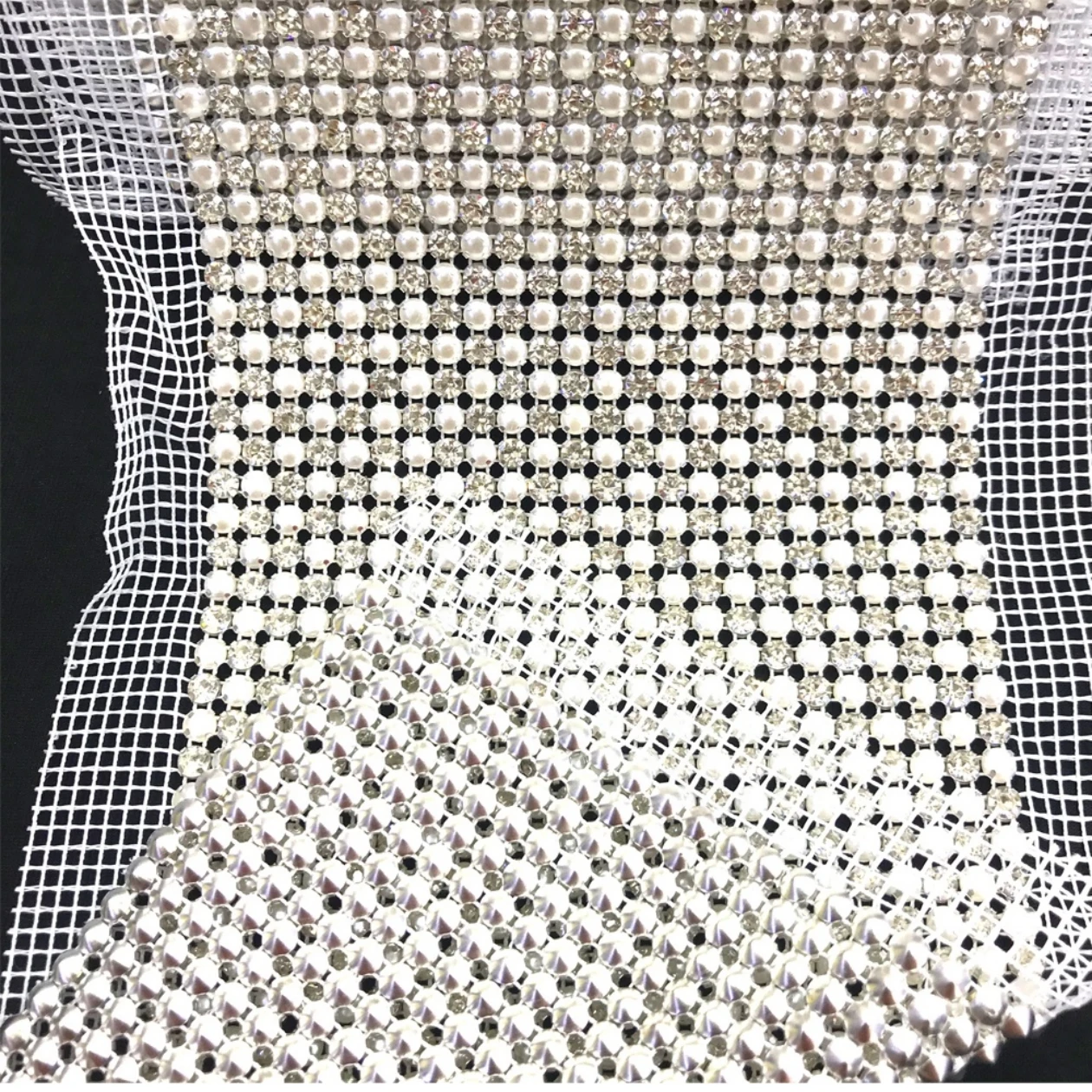 24 Rows Silver color rhinestone pearls mesh trim bling Crystal  mesh rhinestone fabric metal mesh for clothes pants shoes