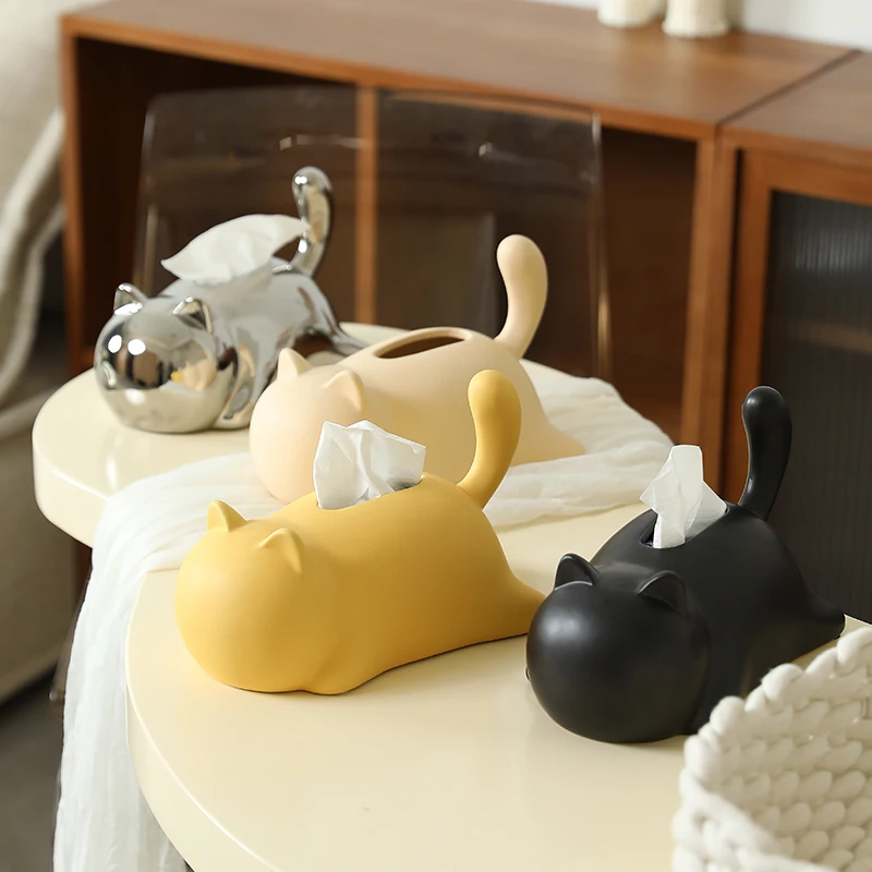 Creative Cartoon Abstract Cat Ceramic Tissue Box Elegant Household Decorations for Living Room Unique Desktop Tissue Box