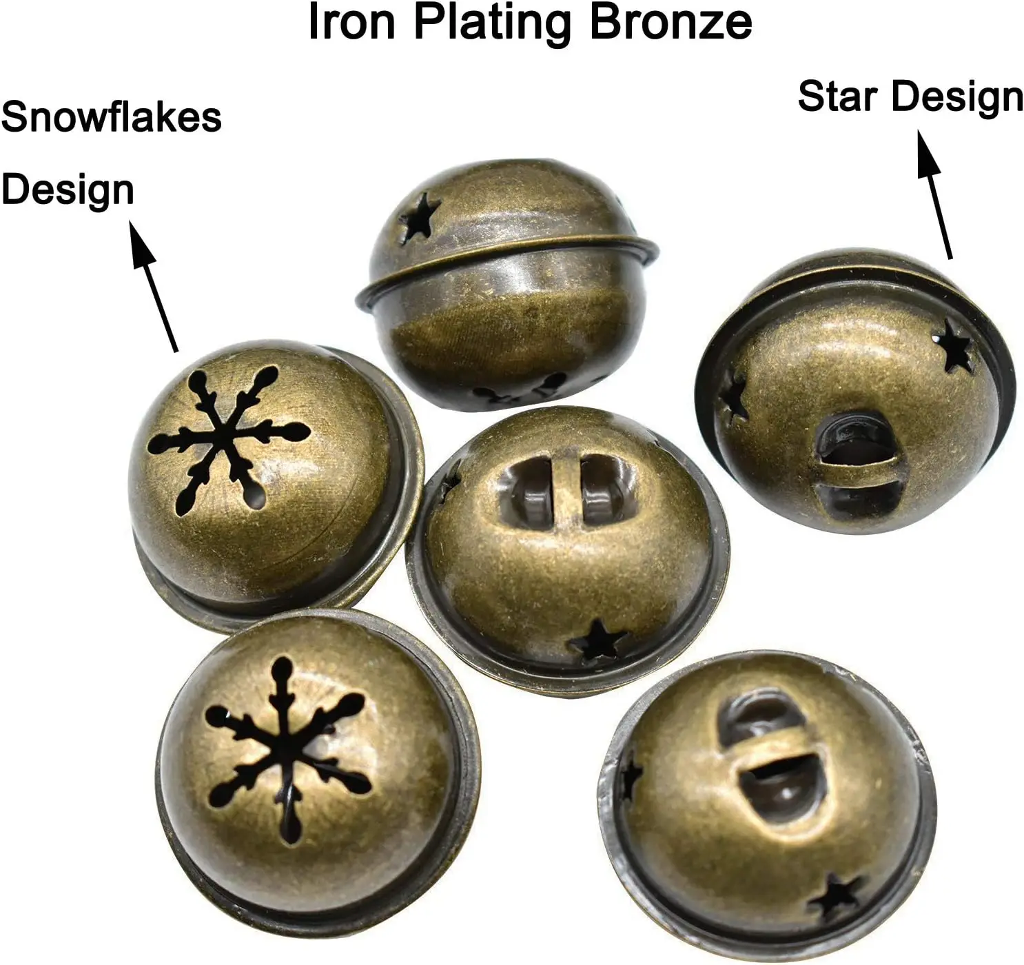 Bronze Jingle Bells 1.34 Inches Star with Snowflakes Design Small Elliptical Antique Brass Bell for Crafts Christmas