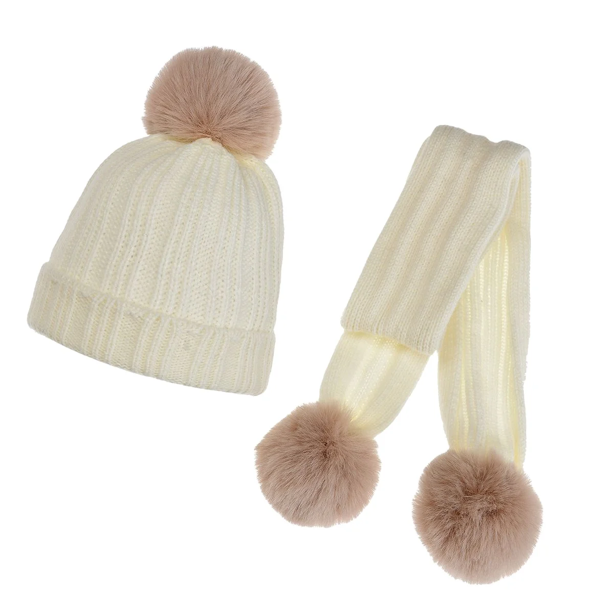 2021 new kids winter hat faux fur ball toddler baby Children two piece hat scarf set beanie with pompom