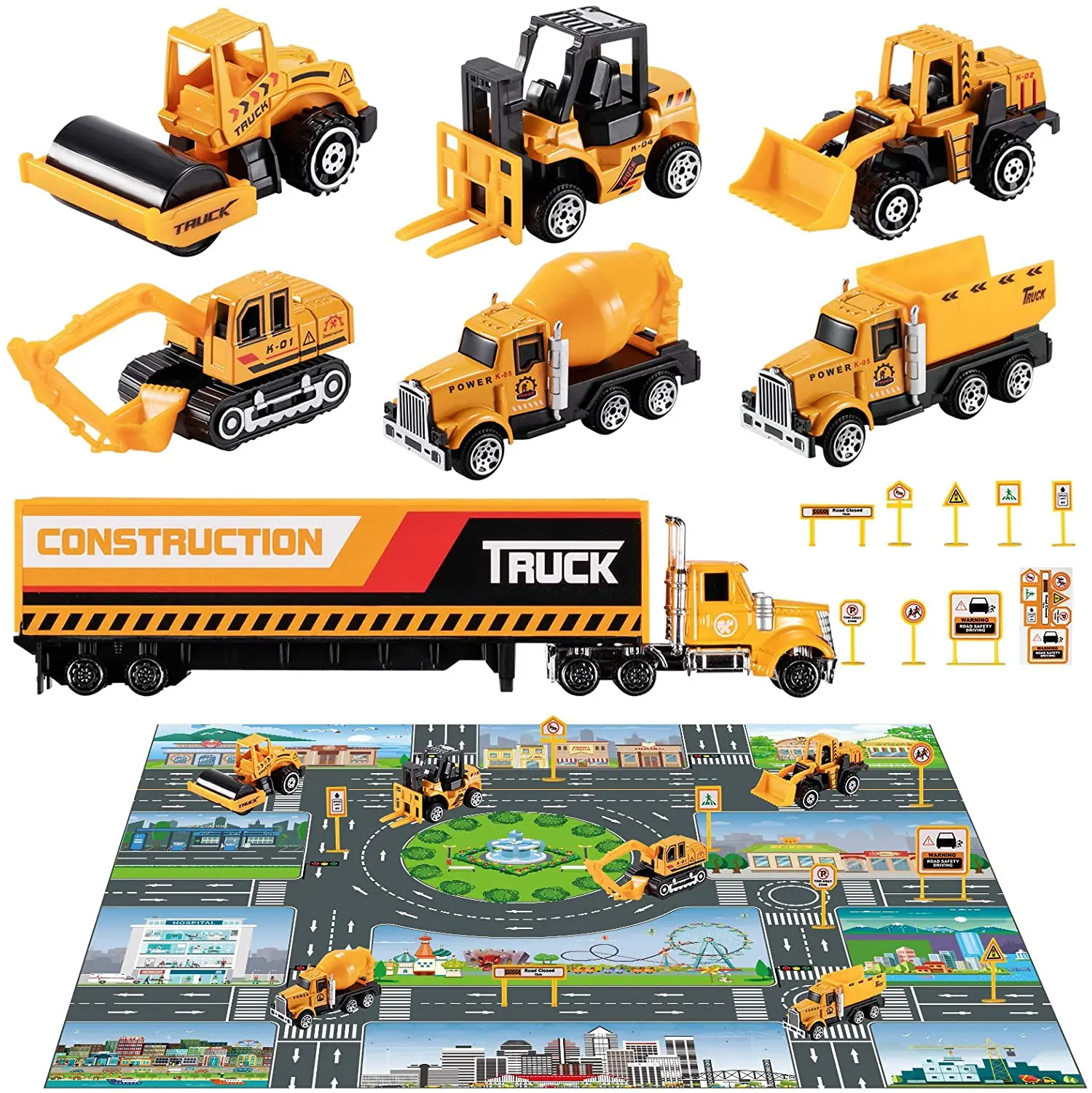 
Diecast Engineering Construction Vehicle Toy Set w/ Play Mat, Truck Carrier, Forklift, Bulldozer, Road Roller, Excavator 