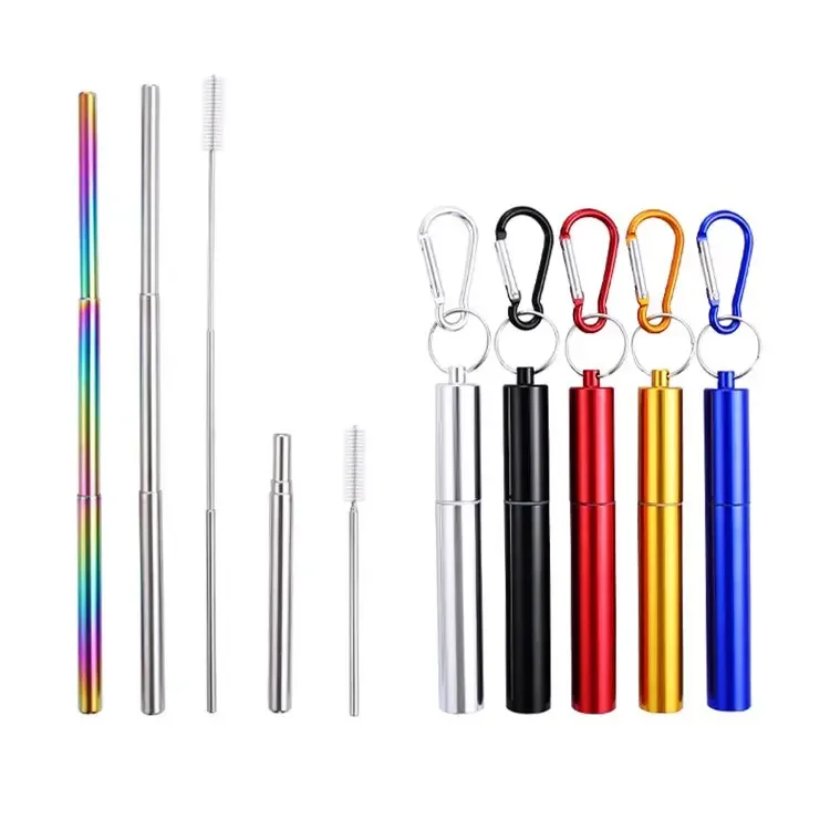Collapsible Eco-Friendly 304 Stainless Steel Silicone Reusable Straws Telescopic Design with Case for Wine Beer Straight Pattern