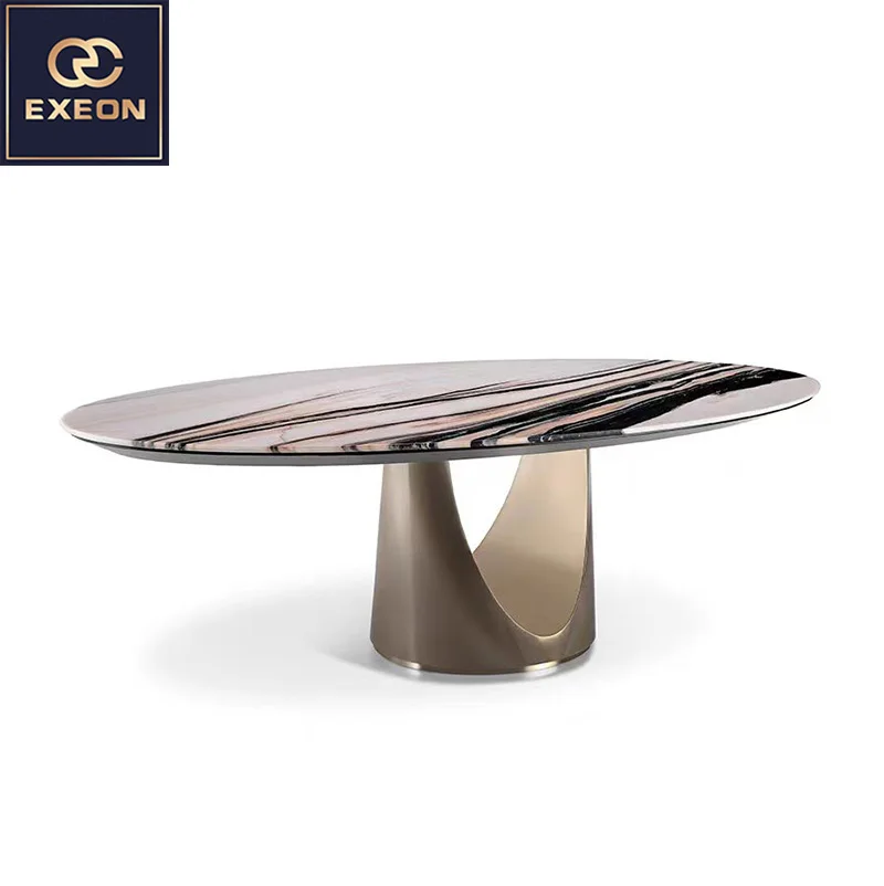Modern Long Ellipse Oval Home Furniture Dining Room Hotel Villa Stainless Steel Marble Design Metal Dining Table Set
