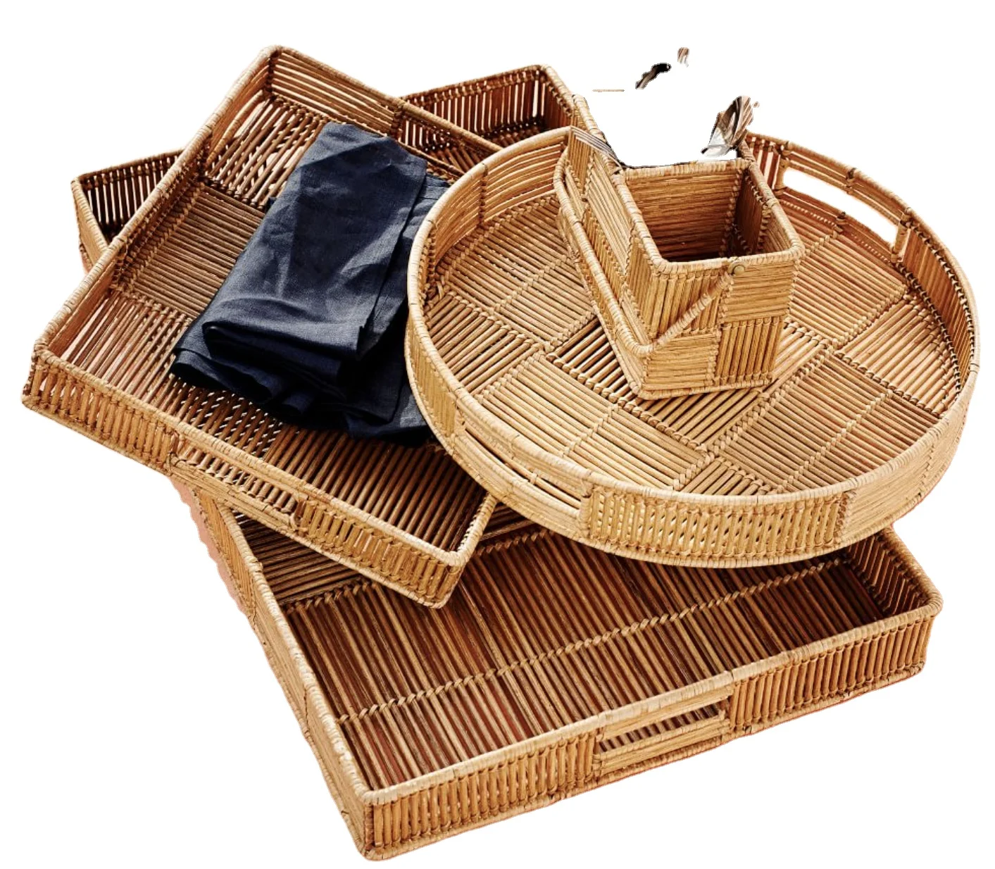 
Лоток из ротанга ручной работы с ручками-Плетеный многоцелевой лоток из прочного ротангового волокна 