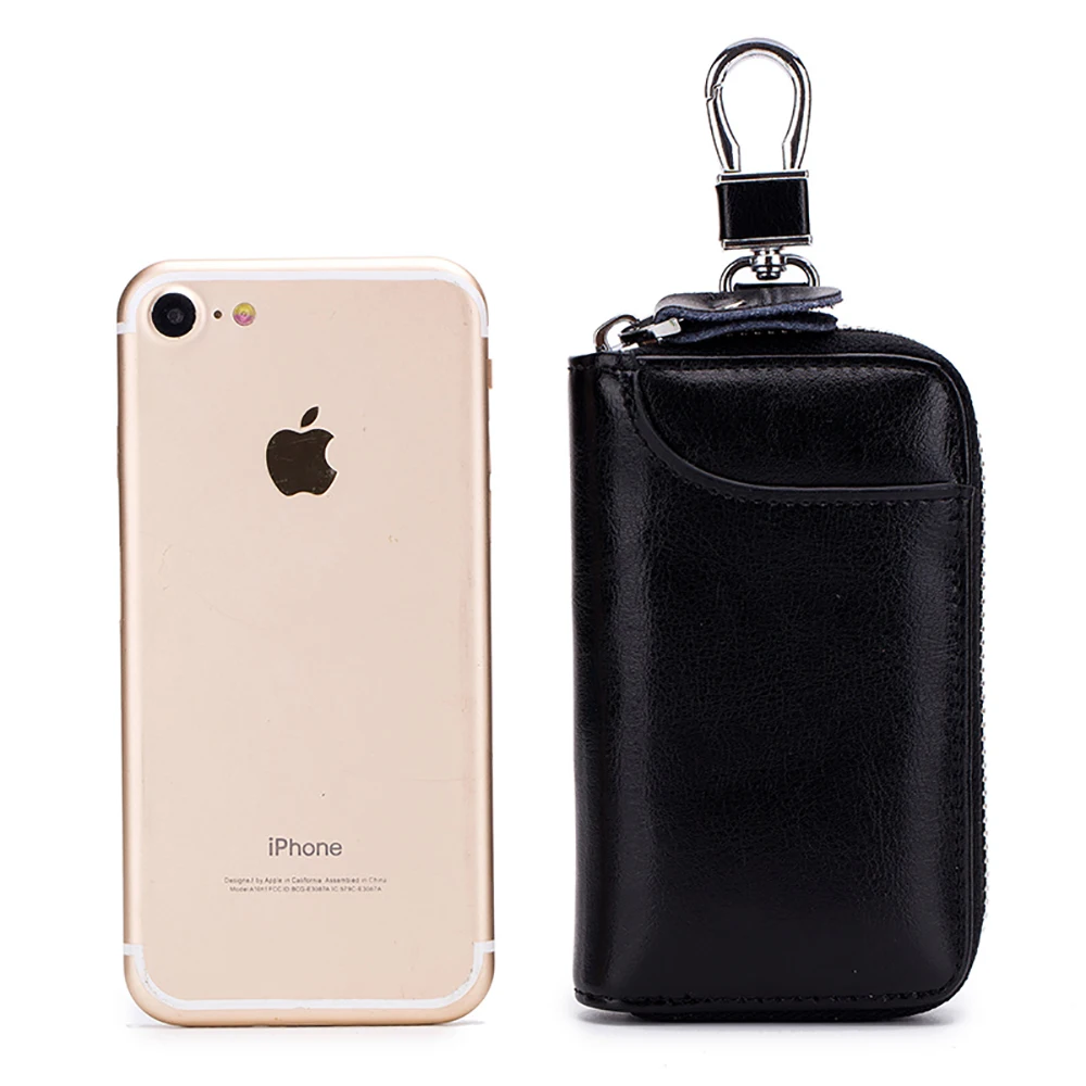 Functional unisex zipper leather key holder bag car key wallet case for men women