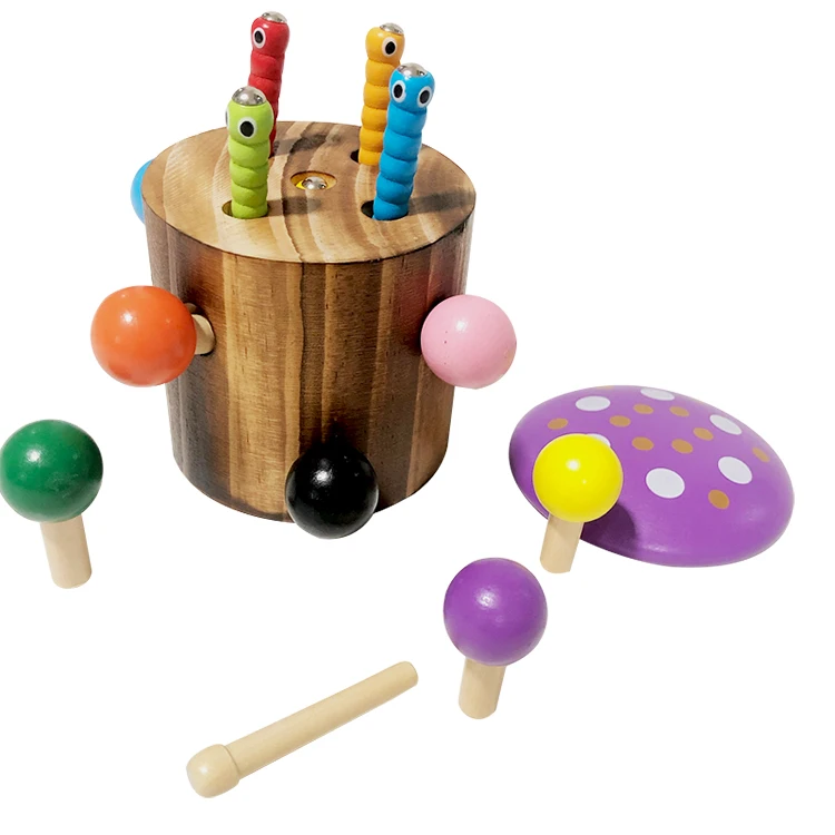 Baby Wooden Montessori Toys Magnetic Fishing Toys Mushroom Forest Catch Worm Game Educational Puzzle Toy