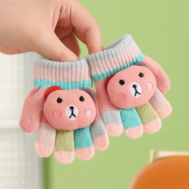 2023 Orange Half Finger Warm Winter Gloves for Children Lovely Rabbit Pattern Covered Mittens for Kids