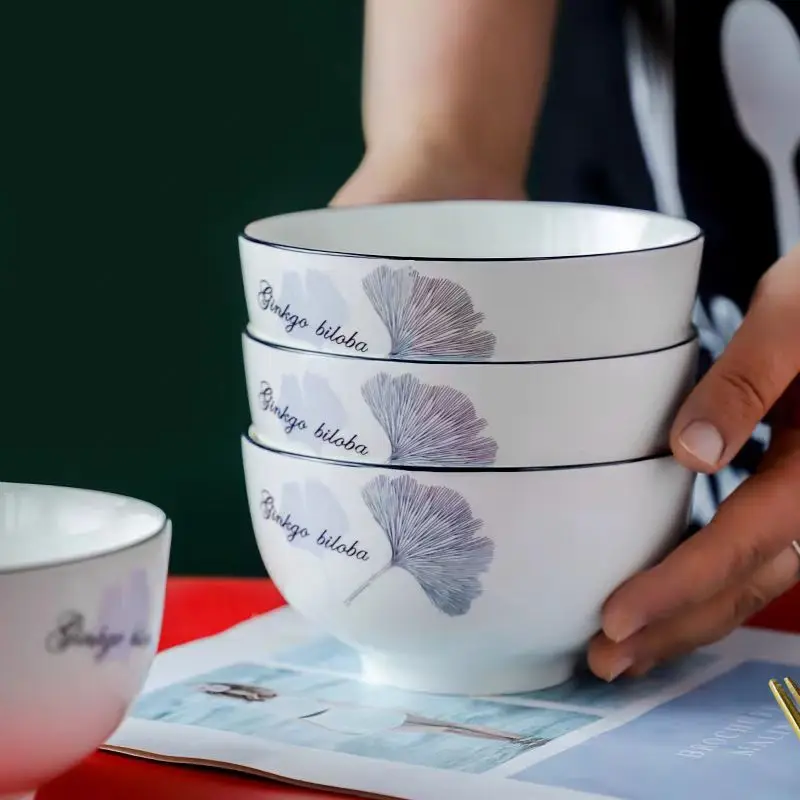 European Style High Aesthetic Series Household Ceramic Large Soup Bowl, Simple Ginkgo Leaf 7-inch Salad Bowl