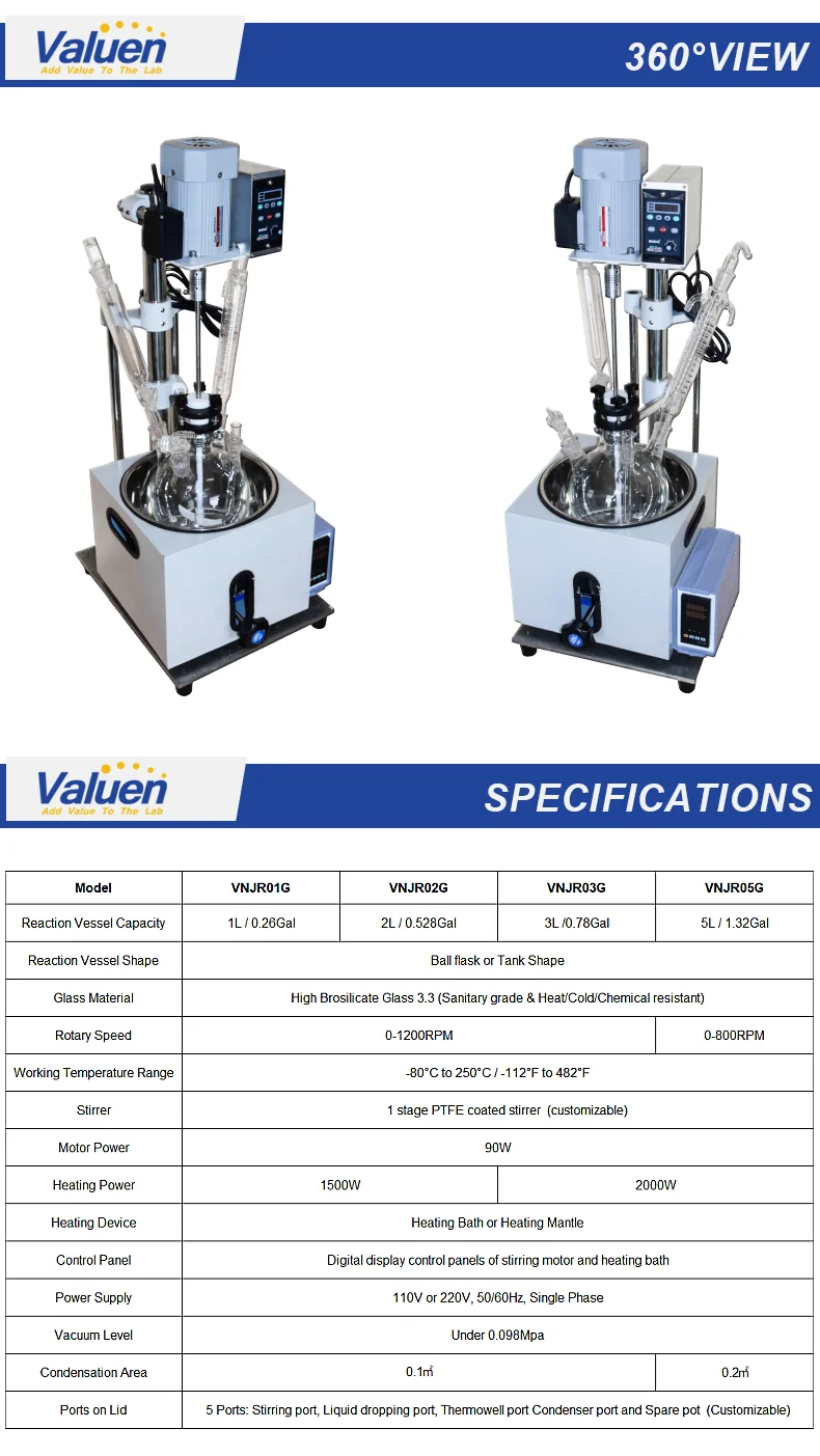 Valuen 5L  Bioreactor Glass Reactor 100l Single Layer Glass Reactor Jackless glass reaction kettle
