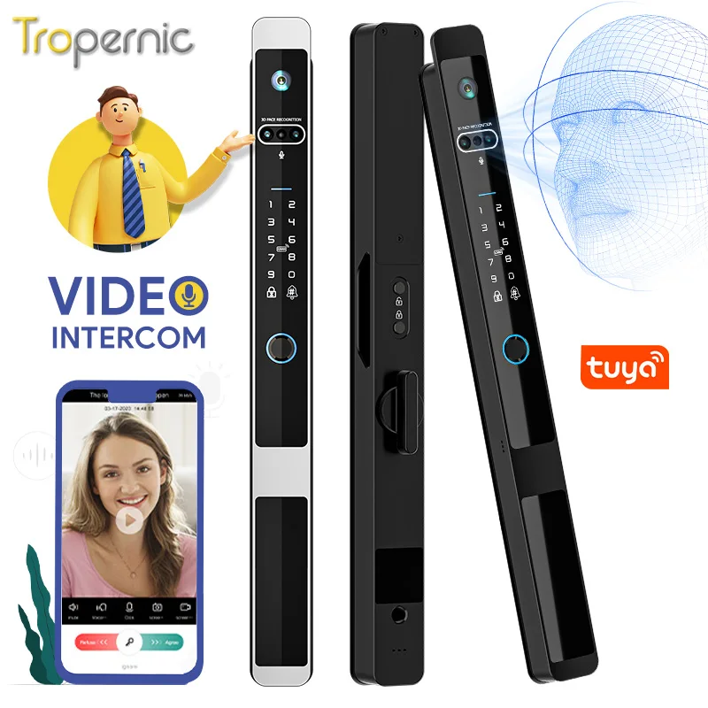 European Tuya Smart App Full Automatic Aluminum Door Lock Key and Card With 3D Face Recognition Video Intercom for Home Hotel