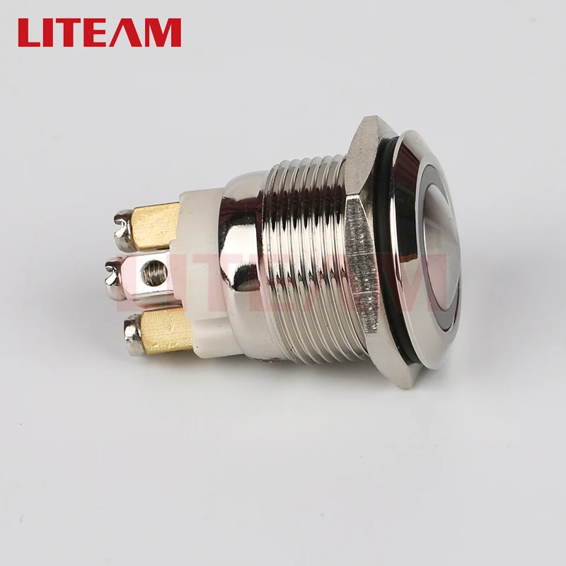 19mm Momentary Latching 12v 1no1nc Flat Round Head Ip65 On Off Dome Head 4pin Screw Terminal Waterproof Metal Push Button Switch