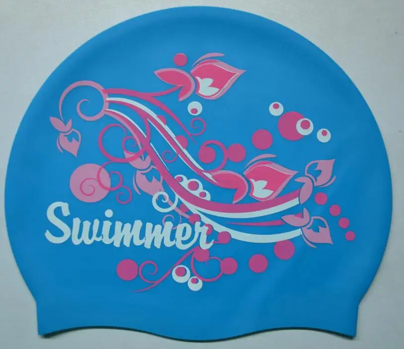Custom logo printing on both sides big size 60gsm  Silicone 21cm *24cm  skye blue Swim hat head cover