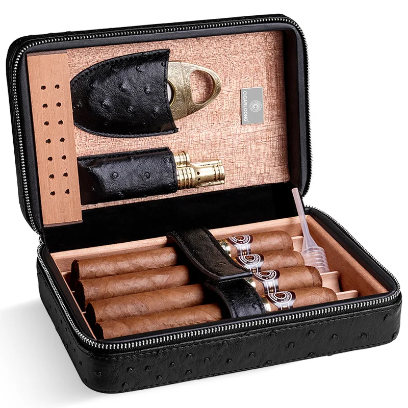 Personalised Wood Customized Cigars Accessories Humidors Leather Travel Cigar Case With Cigar Lighter Cutter