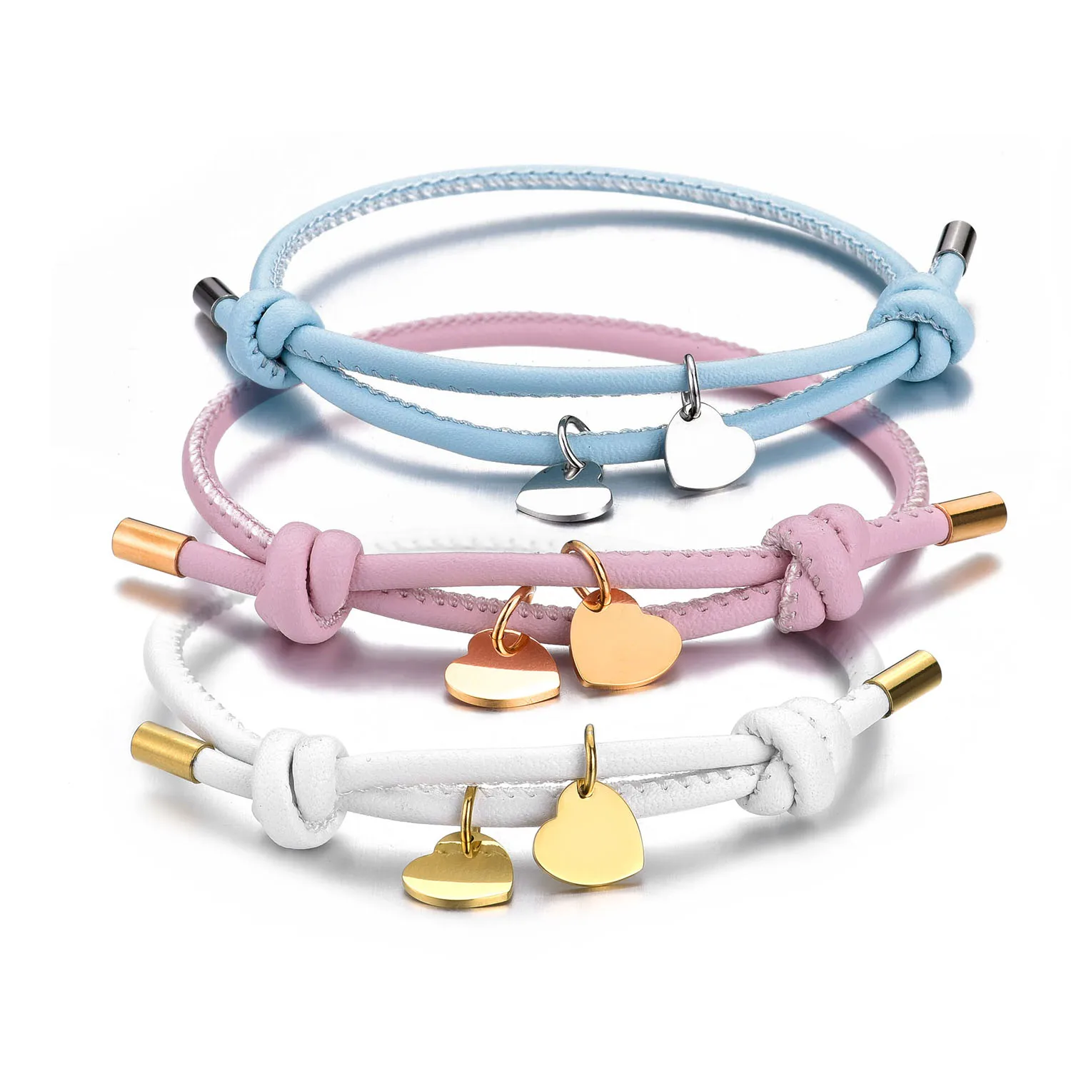 Stainless Steel Engraved Blank Double Heart charm Leather Bracelet For Women Trendy Adjustable Braided Cuff Leather Bracelet