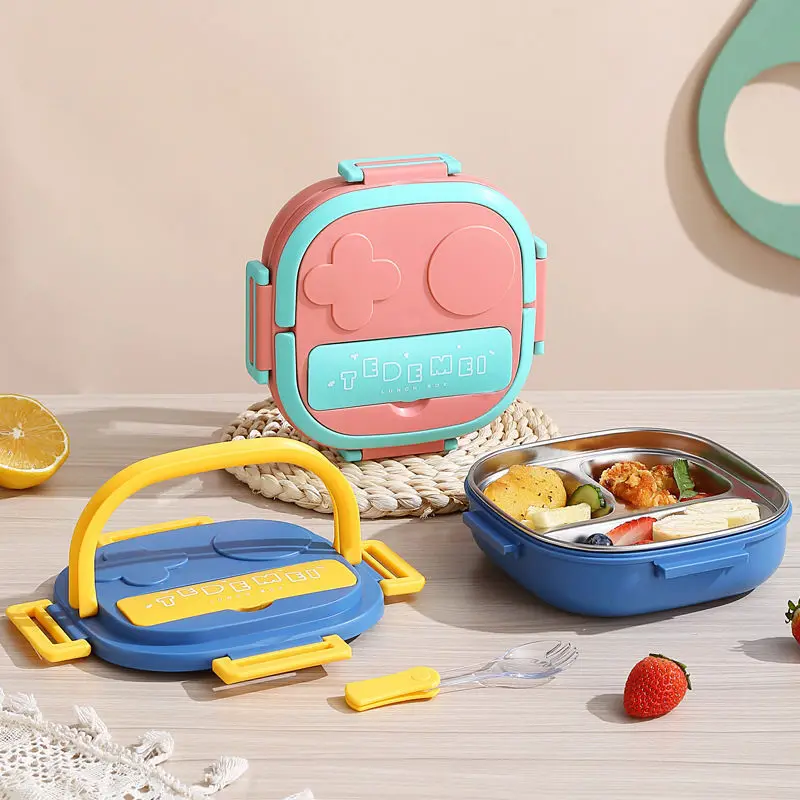 2023 Hotselling 304 SUS stainless steel lunch box with 2 or 3 compartment square heated lunch box with cutlery for kids