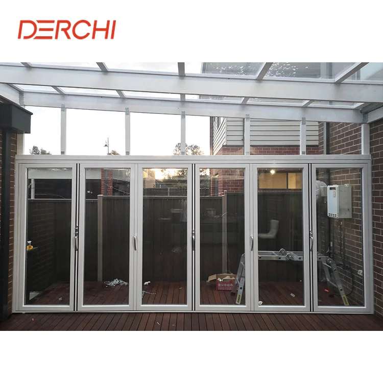 DERCHI Factory Burglar proof glass patio balcony outdoor Hurricane impact aluminium folding door with retractable insect net