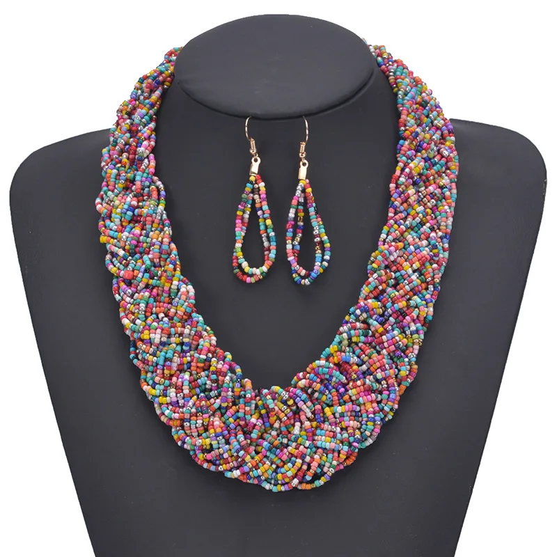 SAIJE Pendant Beads Necklace Earrings Set Jewelry Bracelet Colorful Beads Necklace for Lady