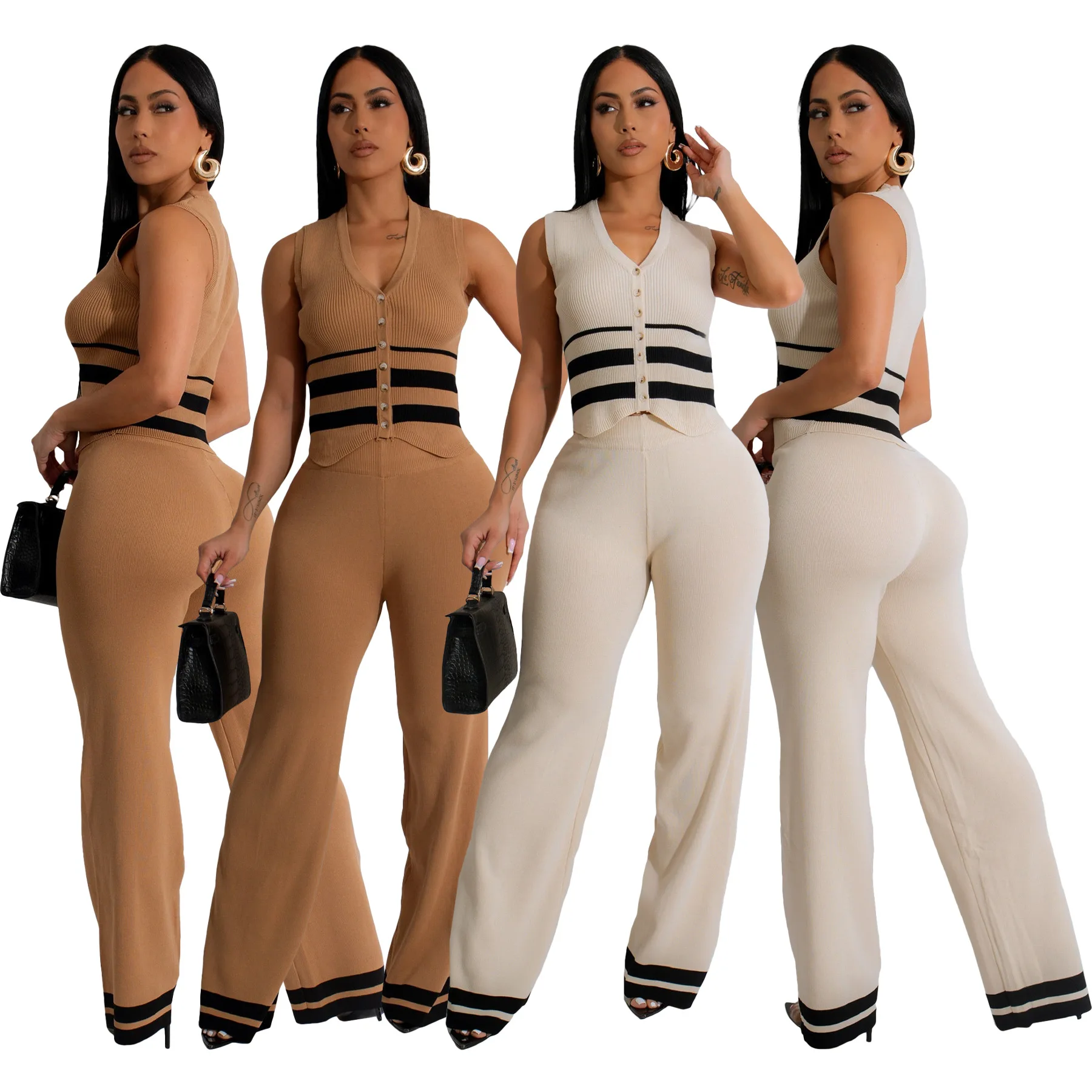 Fall 2024 Women Clothes 2 Pcs Set Thread Sweater Elegant Knit Sets For Women Sleeveless Crop Shirt Flare Sweat Pant Set