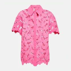 neon pink color brights femme woven floral lace blouses elegant women