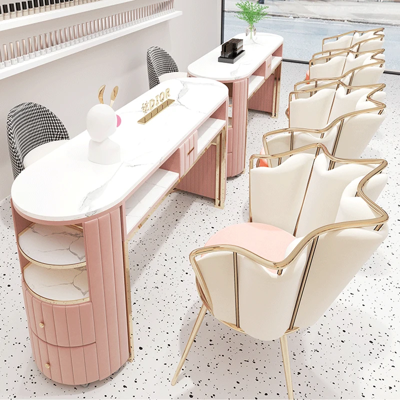 Luxury Modern Nail Table and Chair White Marble Top Wood Salon Furniture with Iron for Manicure Workshop for Living Room Use