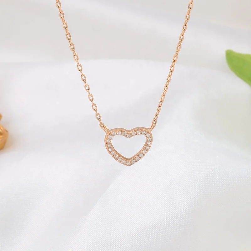 Simple Design Hollow Small Dainty Heart With  3A Zircon Stone 18 k Gold Plated 925 Sterling Silver Necklace Jewelry