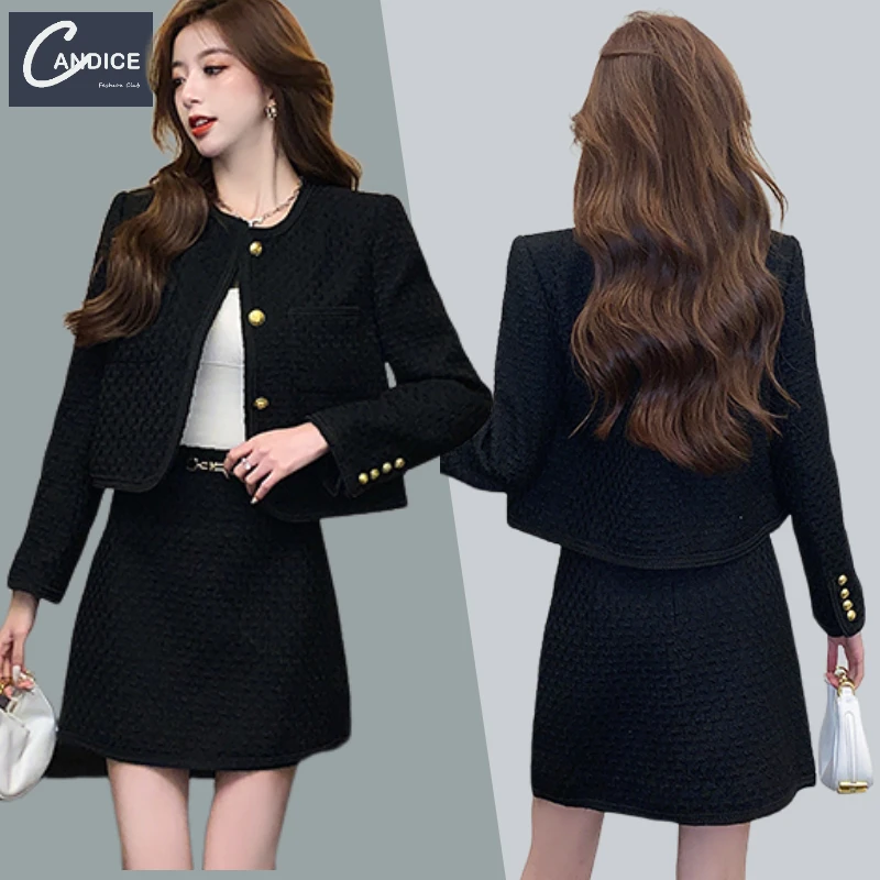 Candice elegant weave tweed black mini skirt blazers ladies women two piece set fall 2022