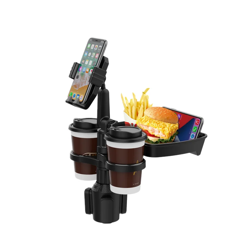 New free adjustable car mount food tray with expandable base 360 rotating 4 in 1 car cup tray with mobile phone holder