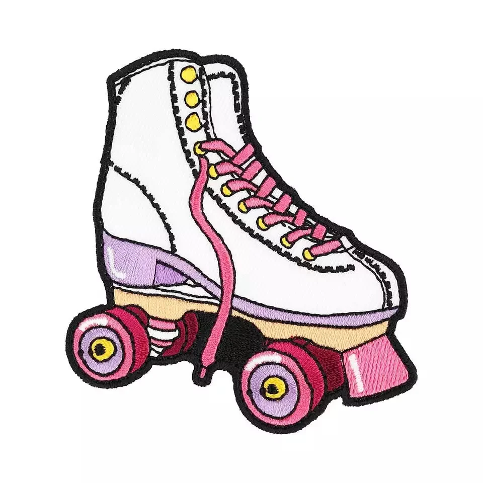 Custom logo woven cotton label roller skates shape clothing labels Iron on embroidery patch