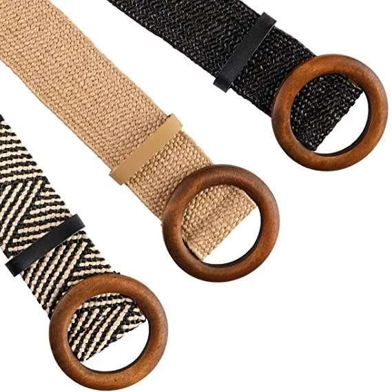 Плетеный эластичный пояс из соломы Женский облегающий для платья модный плетеный ремень с круглой деревянной пряжкой