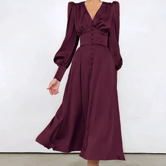 Hot sell custom muslim womens long dresses modest evening prom silk maxi satin puff long sleeve dress for ladies