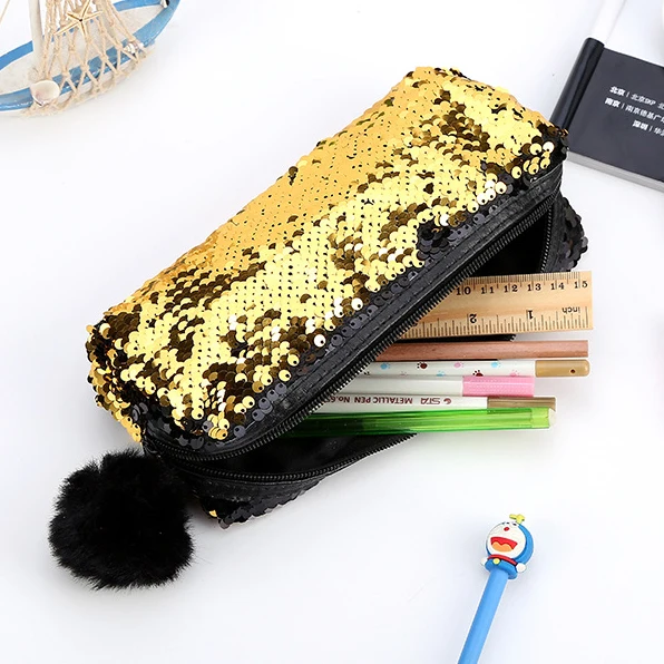 Glitter Cosmetic Bag Mermaid Spiral Reversible Sequin Students Pencil Case Girls Women Handbag Purse Make Up Pouch Pompon Zip