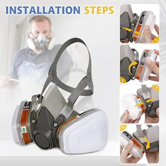 Reusable Respirator Gas Mask Half Facepiece Shield 6200 Face Cover with Filters for Dust, Fumes, Asbestos, Chemicals and Other