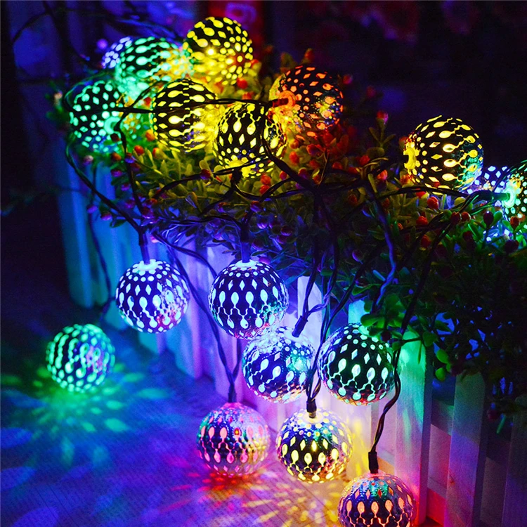 
Solar-powered LED lamp string hollowed out Moroccan ball Christmas lights wrought iron ball romantic room decoration 