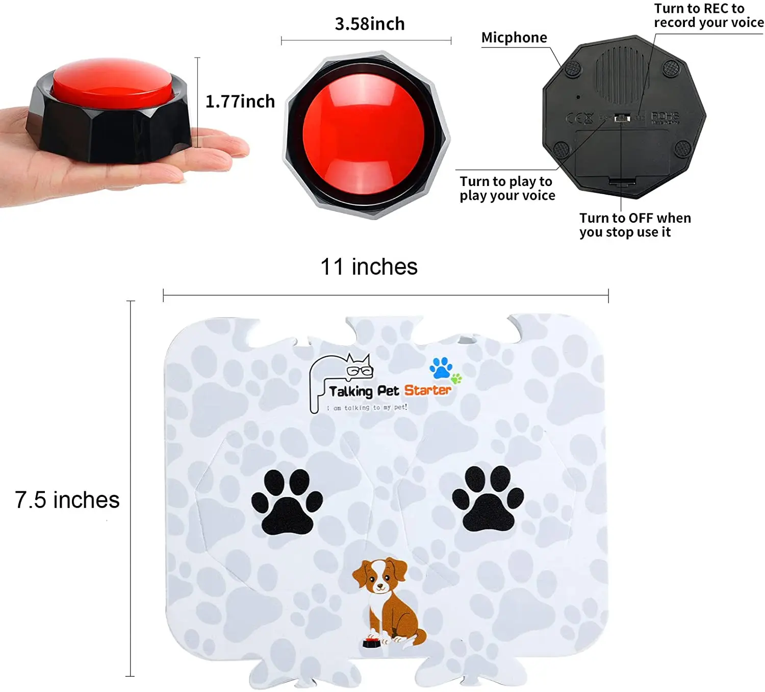 Set of 6 Recordable Buttons, 6 Dog Buttons wth 3 Mats - Record & Playback Your Own Message to Teach Your Dogs Voice What