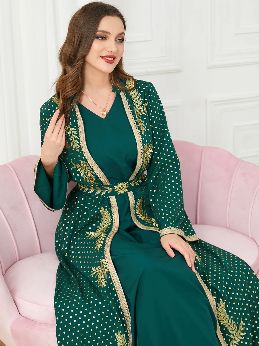 2 piece Green caftan marocain women abaya Muslim dresses wholesale morocco kaftans wholesale India Abaya Sets dress