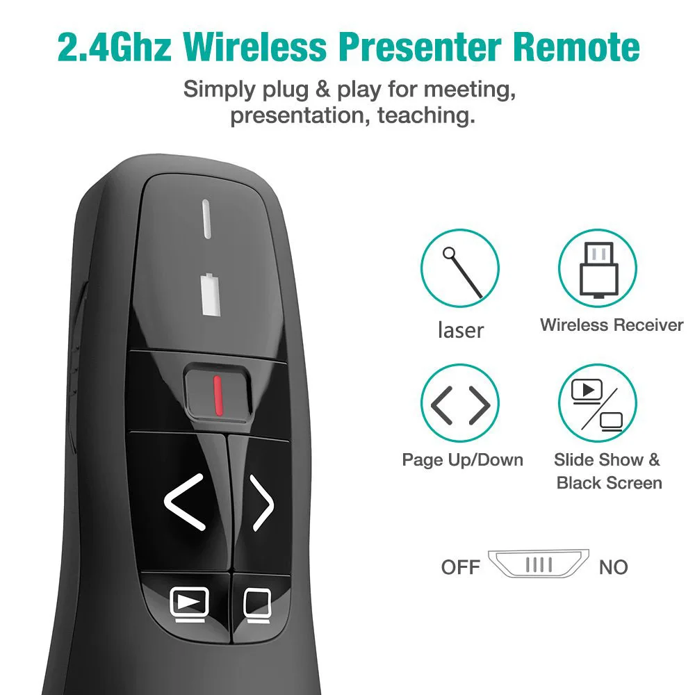 R400 Wireless Presenter with Laser Pointer Red, USB Laser Pointer Presentation Clicker for Powerpoint (Black)