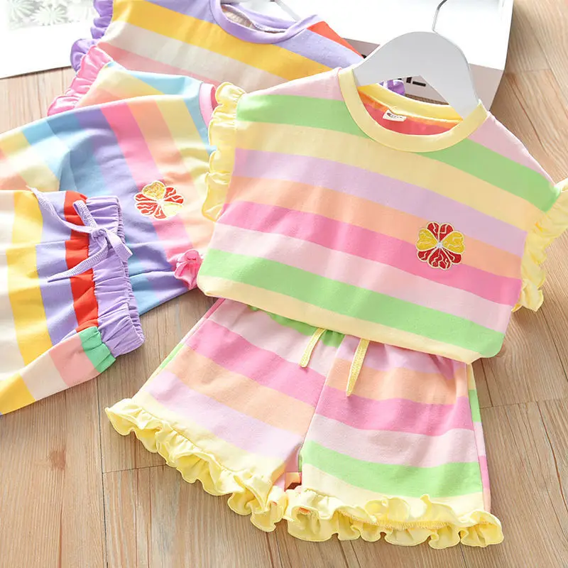 Casual Summer Girls Rainbow Suit Children Composed Short Sleeve Jacket Shorts Made Cotton Autumn Weather Foreign Two-Piece Set