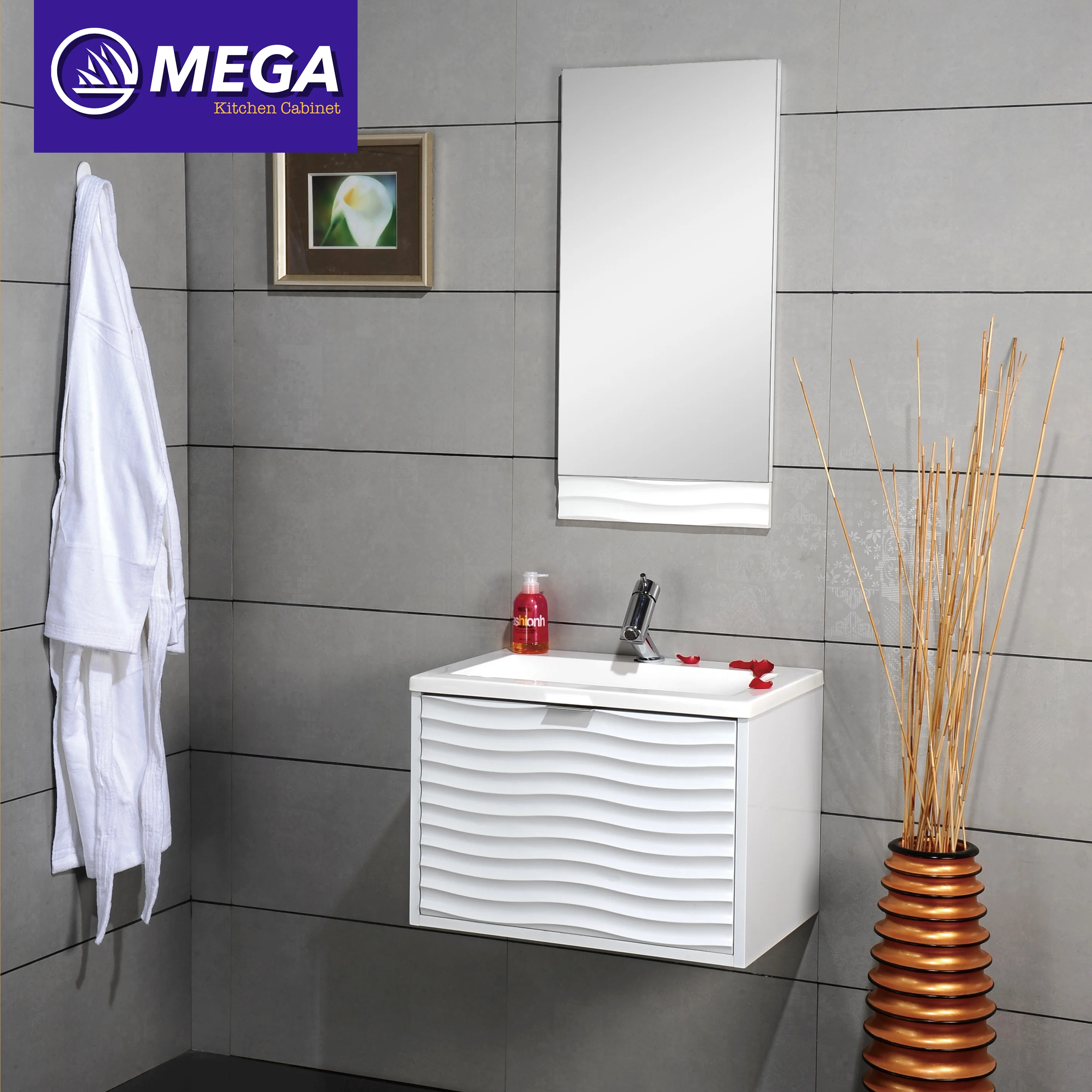 Wholesale Modern European Style Single Sink Wall Mounted PVC Mirrored Washbasin Bathroom Vanity Cabinet