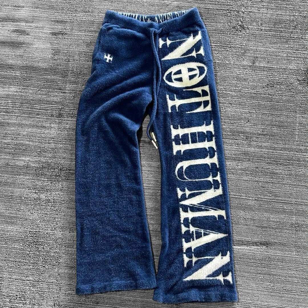 Custom Logo Winter Fashion Men Knit Trousers Fuzzy Baggy Mohair Pants Men Mohair Flared Sweatpants Mohair Flare Sweater Pants