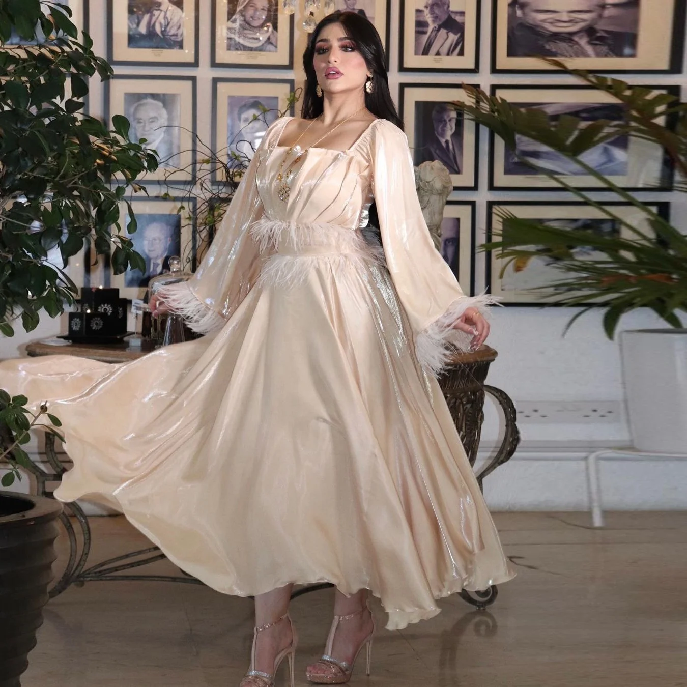 RHG Modest Dresses for Women 20223 Silk Kaftan Fashion Belted Ostrich Feather Dress Draped Hem Moroccan Kaftan Turkish Dresses