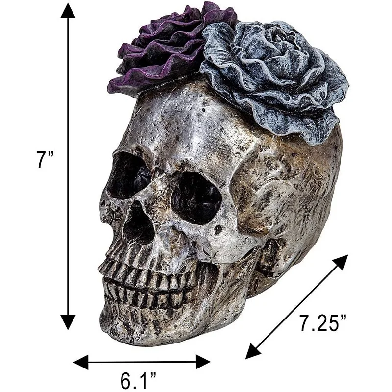 Home Decor Day of Dead Purple Grey Rose Silver Skull Resin Figurine Halloween Skull Statues