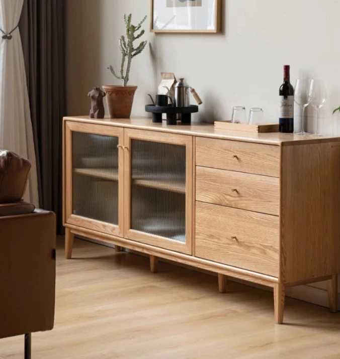 Oak solid wood sideboard cabinet Wooden Sideboard Buffet with Glass Doors Shelves and Drawers, Large Storage Cabinet