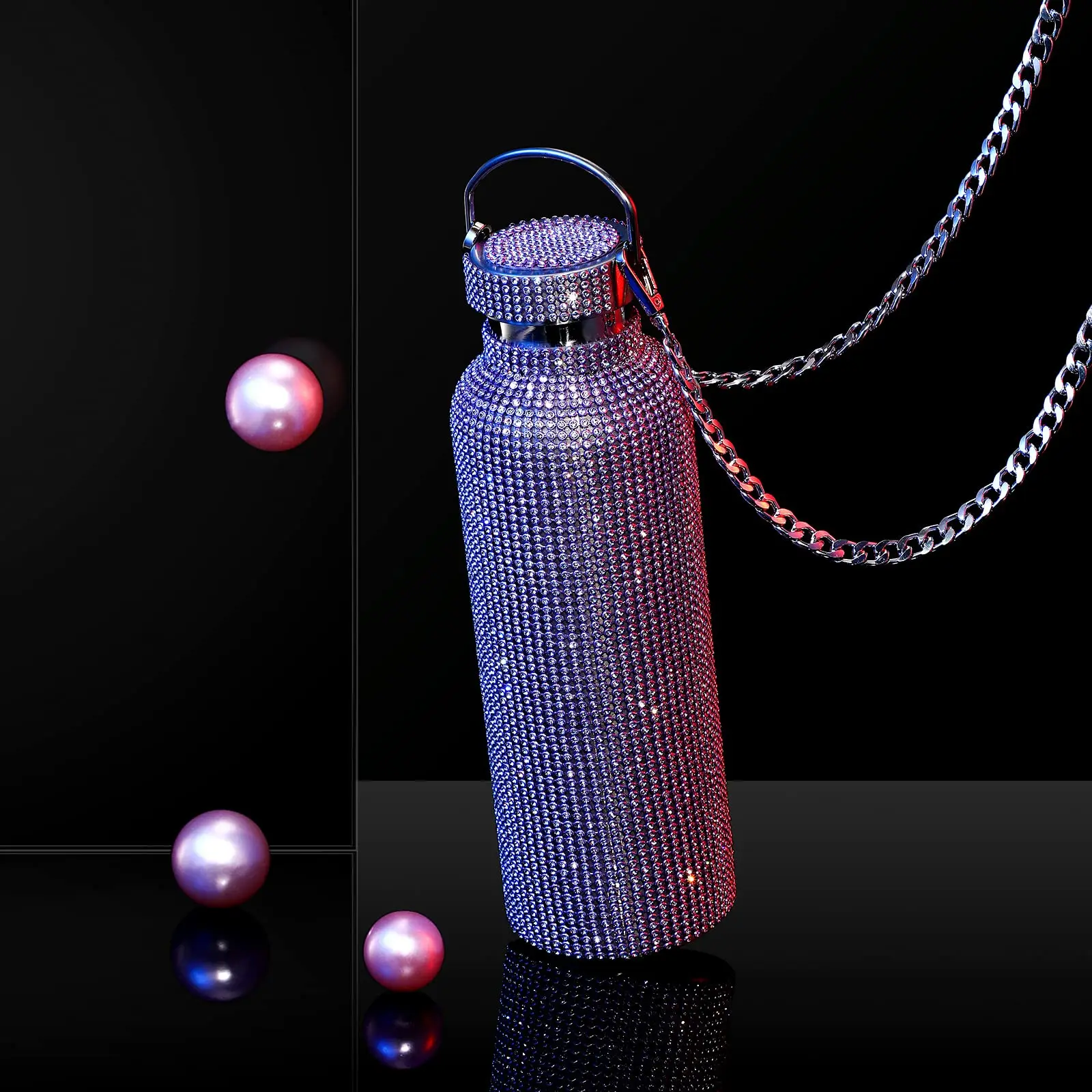 customized diamond silver glitter bling Wide Mouth double wall portable office water bottle