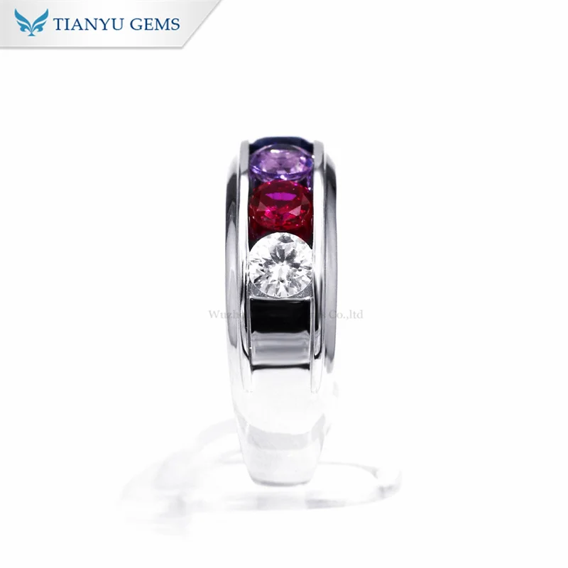Tianyu gems private custom make round cut colorful ruby purple blue sapphire and moissanite 4.5mm Platinum rings for men